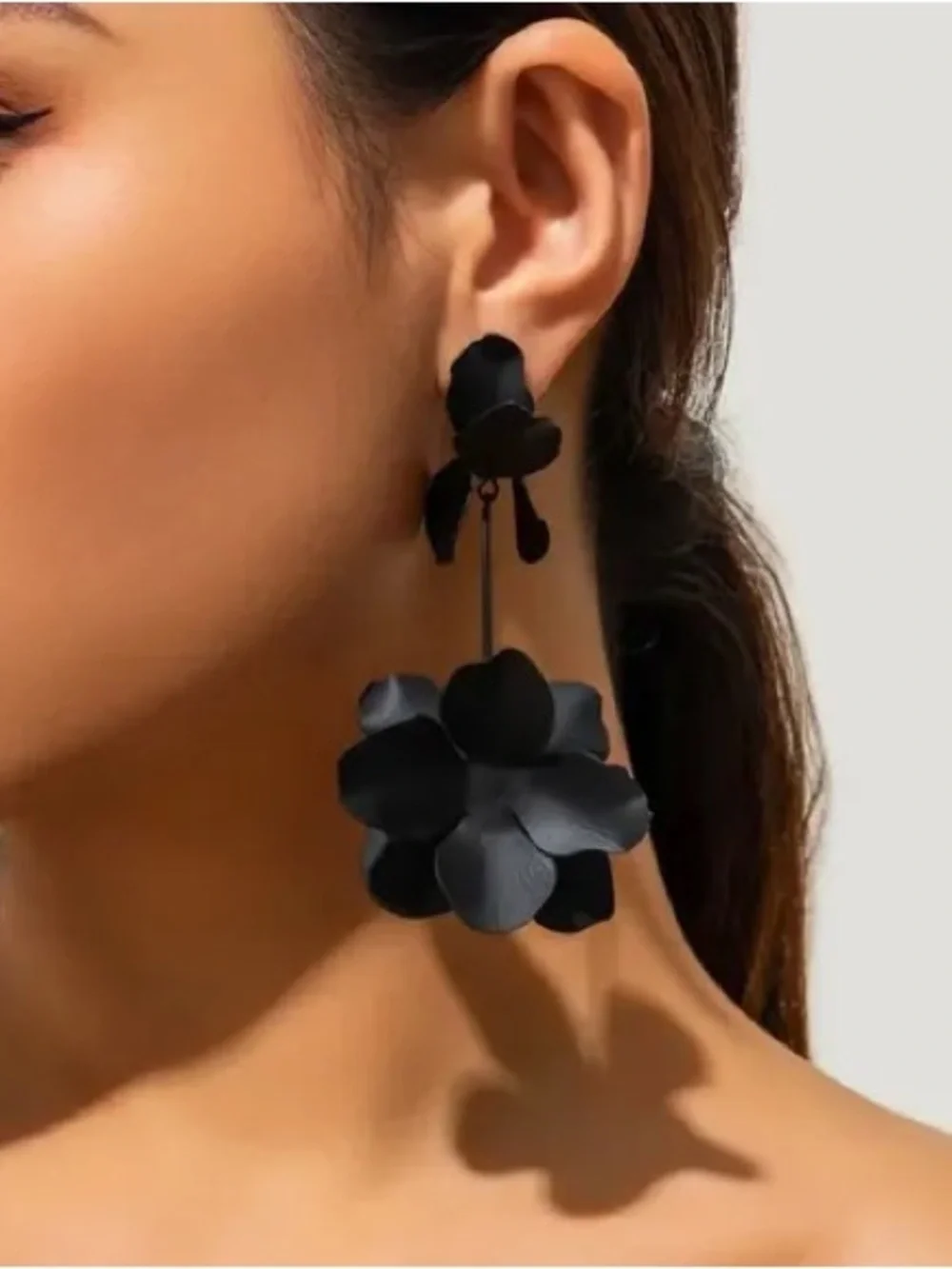 Black Matte Metal Flower Statement Drop Earrings Oversized Floral Dangle